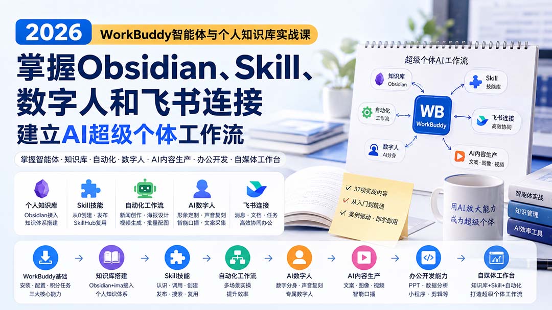 （20169期）2026 WorkBuddy智能体与个人知识库实战课：掌握Obsidian、Skill、数字人和飞书连接，建立AI超级个体工作流-赛德副业库
