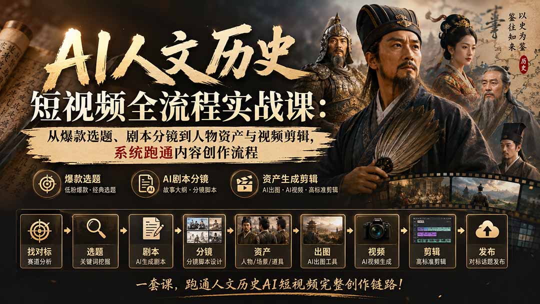 (20074期)AI人文历史短视频全流程实战课:从爆款选题、剧本分镜到人物资产与视频剪辑,系统跑通内容创作流程-赛德副业库