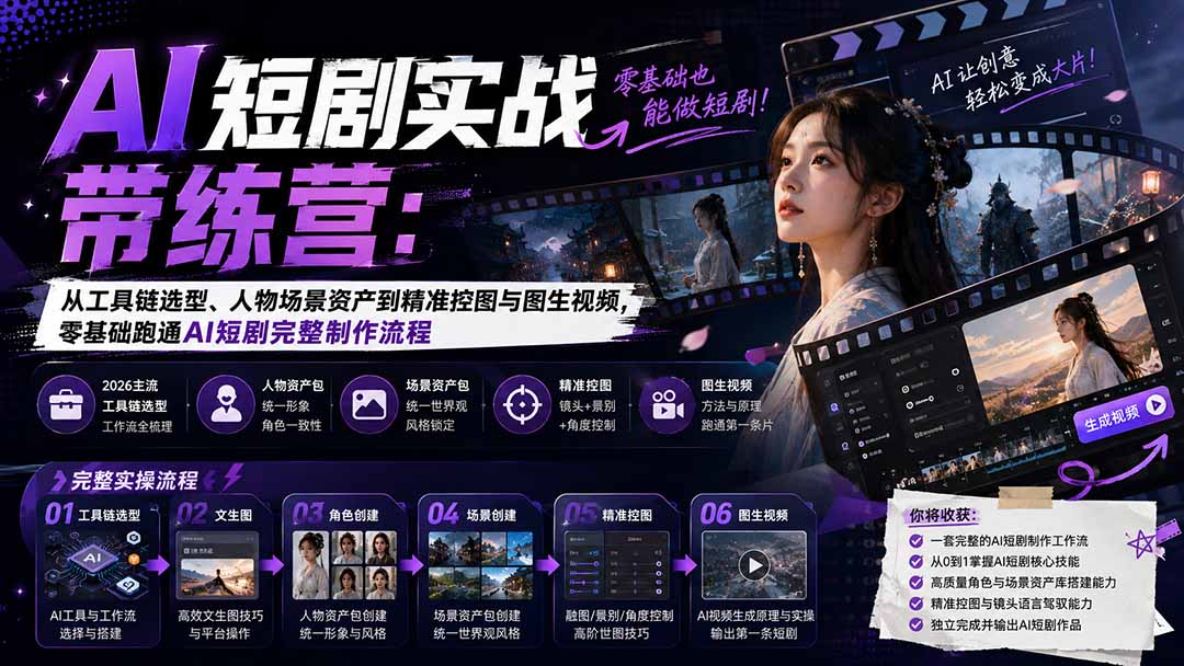 (20064期)AI短剧实战训练营:从工具链选型、人物场景资产到精准控图与图生视频,零基础跑通AI短剧完整制作流程-赛德副业库