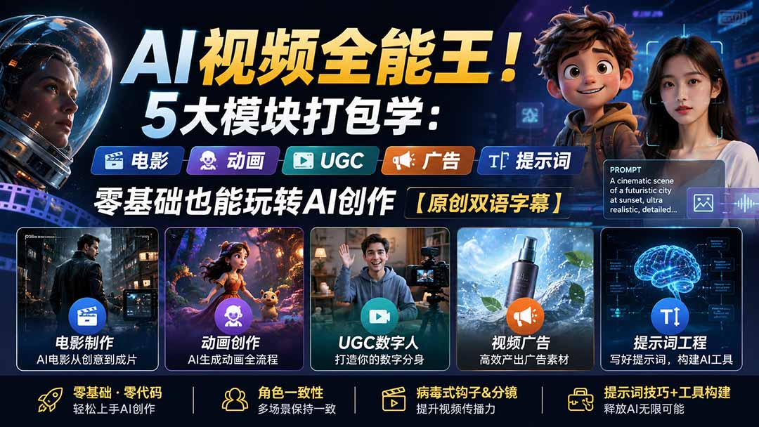 （20048期）AI视频全能王！5大模块打包学：电影、动画、UGC、广告、提示词，零基础也能玩转AI创作【原创双语字幕】-赛德副业库