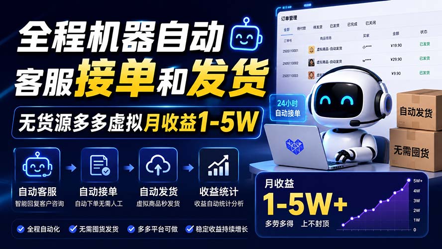 (20119期)全程机器自动客服接单和发货,无货源多多虚拟月收益1-5W-赛德副业库