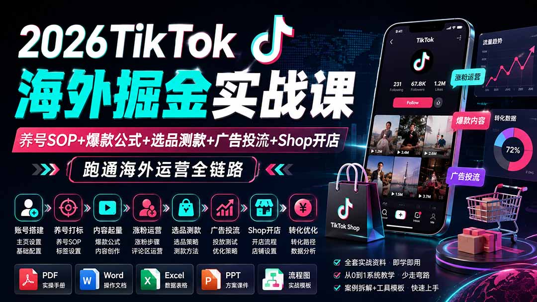 （19973期）2026TikTok海外掘金实战课——养号SOP+爆款公式+选品测款+广告投流+Shop开店，跑通海外运营全链路-赛德副业库