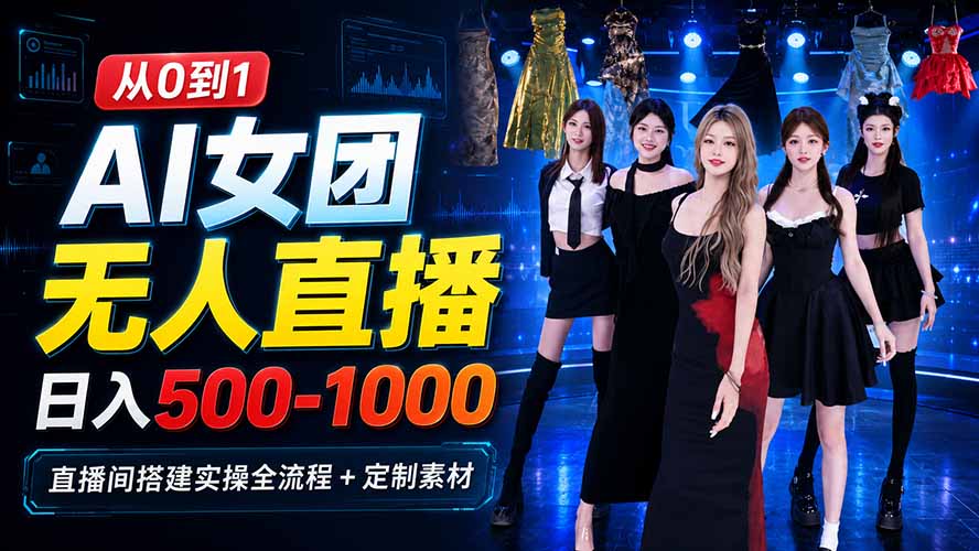 （20051期）AI 女团无人直播，躺入500‑1000每天，直播间搭建实操全流程+定制素材-赛德副业库