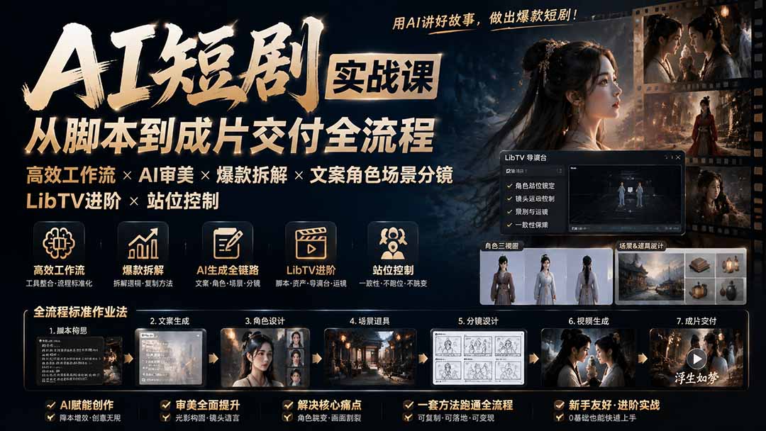 (19717期)AI短剧实战课:高效工作流×AI审美×爆款拆解×文案角色场景分镜×LibTV进阶×站位控制×从脚本到成片交付全流程-赛德副业库