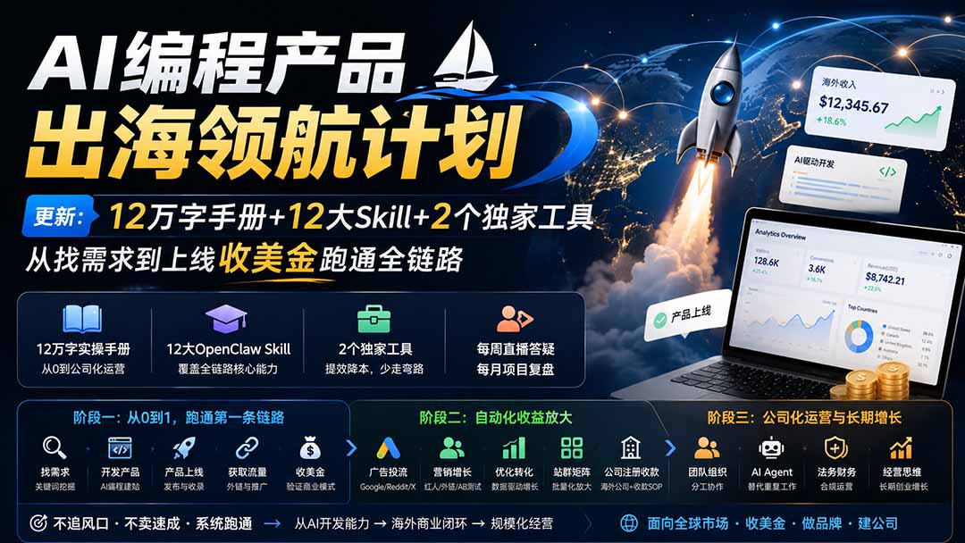 (20099期)AI编程产品出海领航计划-更新:12万字手册+12大Skill+2个独家工具,从找需求到上线收美金跑通全链路-赛德副业库