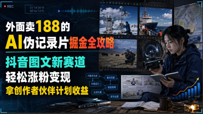 外面卖188的AI伪记录片掘金全攻略,抖音图文新赛道,轻松涨粉变现,拿创作者伙伴计划收益【文档】-赛德副业库