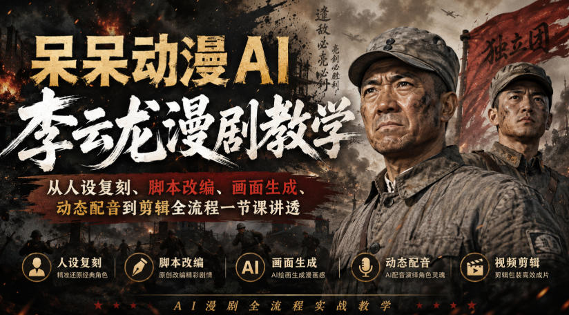 呆呆动漫AI李云龙漫剧教学,从人设复刻、脚本改编、画面生成、动态配音到剪辑全流程一节课讲透-赛德副业库