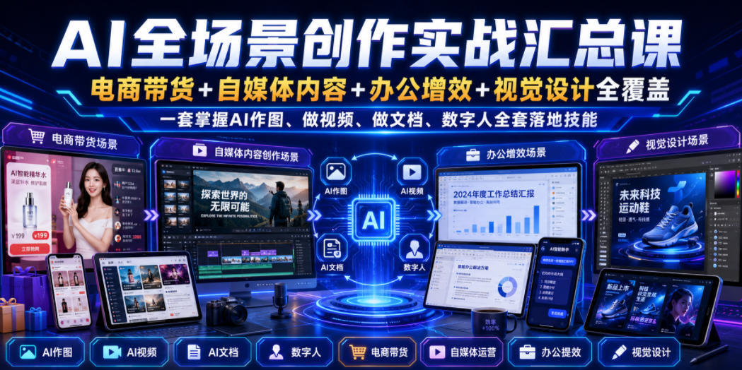 AI全场景创作实战汇总课｜电商带货+自媒体内容+办公增效+视觉设计全覆盖，一套掌握AI作图、做视频、做文档、数字人全套落地技能-赛德副业库