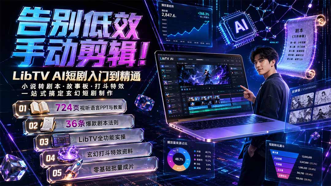 （19678期）告别低效手动剪辑！LibTV AI短剧入门到精通，小说转剧本方法，故事板打斗特效一站式搞定玄幻短剧制作-赛德副业库