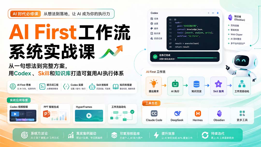 (20104期)AI First工作流系统实战课:从一句想法到完整方案,用Codex、Skill和知识库打造可复用AI执行体系-赛德副业库