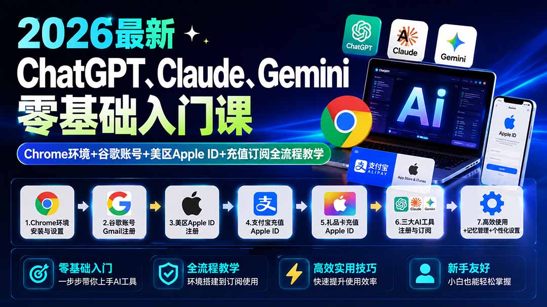 (19923期)2026最新ChatGPT、Claude、Gemini零基础入门课:Chrome环境+谷歌账号+美区Apple ID+充值订阅全流程教学-赛德副业库