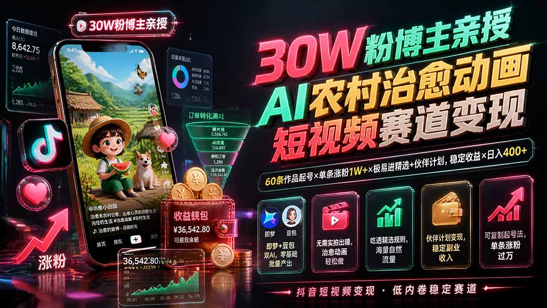 （19648期）30W粉博主亲授AI农村治愈动画短视频赛道变现：60条作品起号×单条涨粉1W+×极易进精选+伙伴计划，稳定收益×日入400+-赛德副业库