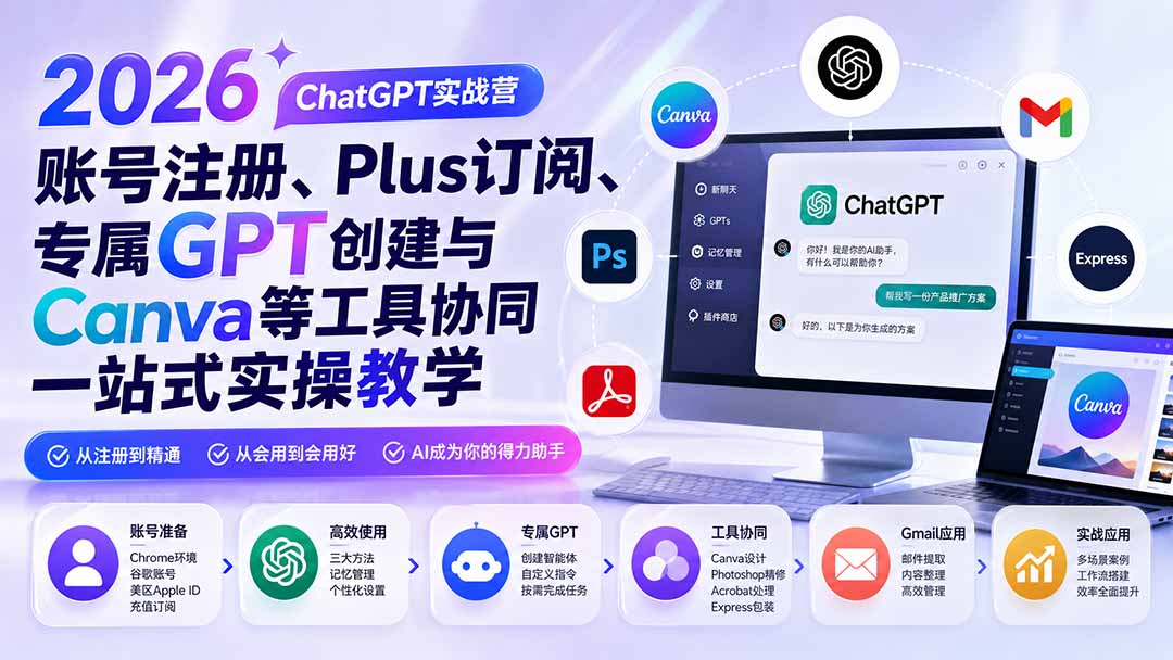 （19924期）2026 ChatGPT实战营；账号注册、Plus订阅、专属GPT创建与Canva等工具协同一站式实操教学-赛德副业库