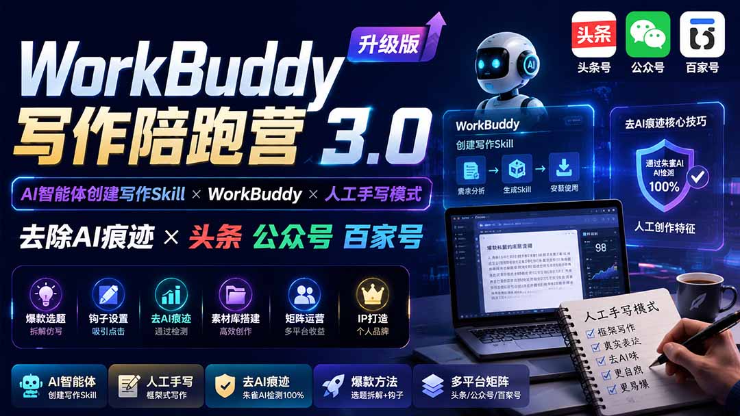 （19720期）WorkBuddy写作陪跑营3.0-更新：Ai智能体创建写作Skill×WorkBuddy×人工手写模式×去除AI痕迹×头条公众号百家号-赛德副业库