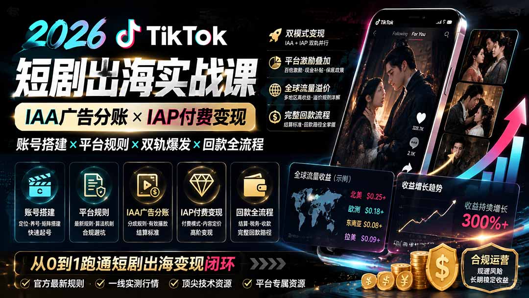 (19740期)2026TikTok短剧出海实战课:IAA广告分账×IAP付费变现×账号搭建×平台规则×双轨爆发×回款全流程-赛德副业库