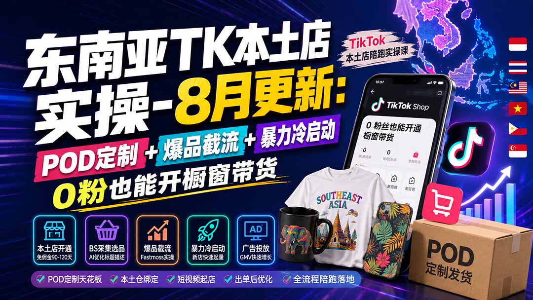 (19963期)东南亚TK本土店实操-8月更新:POD定制+爆品截流+暴力冷启动,0粉也能开橱窗带货-赛德副业库