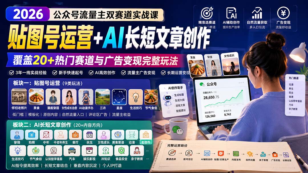(20153期)公众号流量主双赛道实战课:贴图号运营+AI长短文章创作,覆盖20+热门赛道与广告变现完整玩法-赛德副业库
