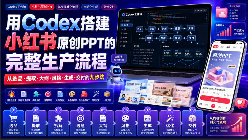 用Codex搭建小红书原创PPT的完整生产流程,从选品·提取·大纲·风格·生成·交付的九步法-赛德副业库
