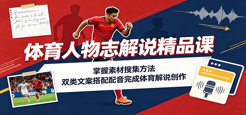 体育人物志解说精品课:掌握素材搜集方法,双类文案搭配配音完成体育解说创作-赛德副业库