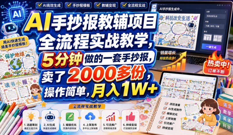 AI手抄报教辅项目全流程实战教学，5分钟做的一套手抄报，卖了2000多份，操作简单，月入1W+-赛德副业库