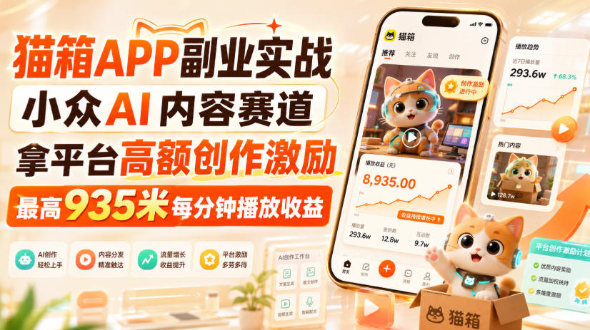 猫箱APP副业实战,小众AI内容赛道,拿平台高额创作激励,最高935米每分钟播放收益-赛德副业库