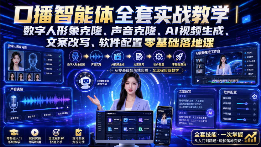 口播智能体全套实战教学|数字人形象克隆、声音克隆、AI视频生成、文案改写、软件配置零基础落地课-赛德副业库