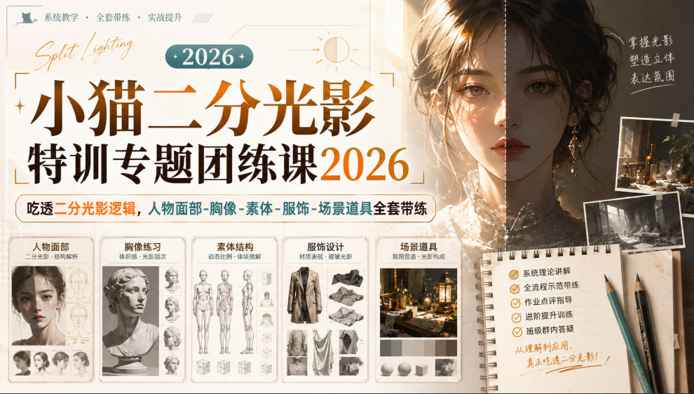 小猫二分光影特训专题团练课2026｜吃透二分光影逻辑，人物面部‑胸像‑素体‑服饰‑场景道具全套带练，高清画质附赠课件与笔刷-赛德副业库