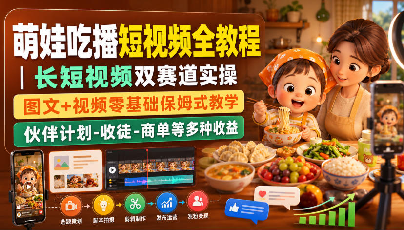 萌娃吃播短视频全教程｜长短视频双赛道实操，图文+视频零基础保姆式教学，伙伴计划-收徒-商单等多种变现方式-赛德副业库