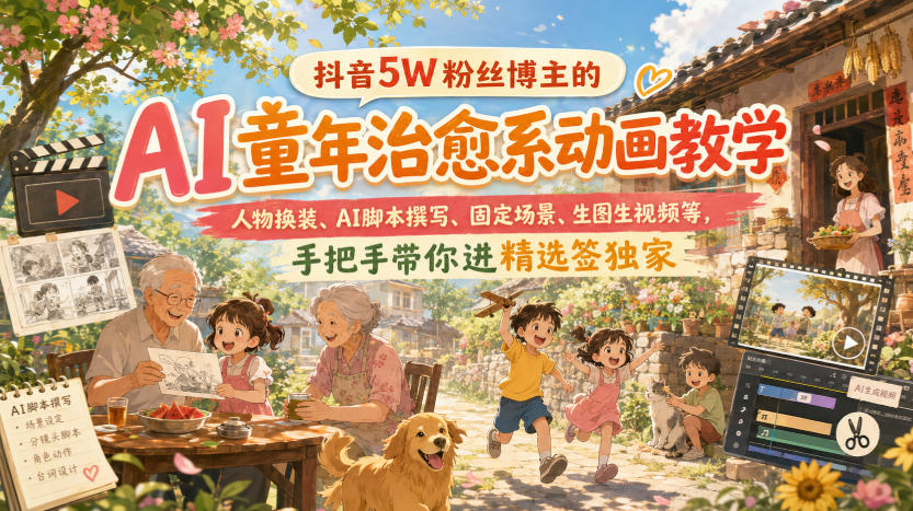 抖音5W粉丝博主的AI童年治愈系动画教学，人物换装、AI脚本撰写、固定场景、生图生视频等，手把手带你进精选签独家-赛德副业库
