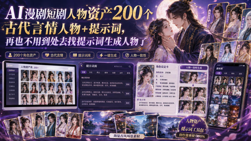 AI漫剧短剧人物资产200个古代言情人物+提示词，再也不用到处去找提示词生成人物了-赛德副业库