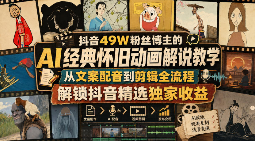 抖音49W粉丝博主的AI经典怀旧动画解说教学，从文案配音到剪辑全流程，解锁抖音精选独家收益-赛德副业库