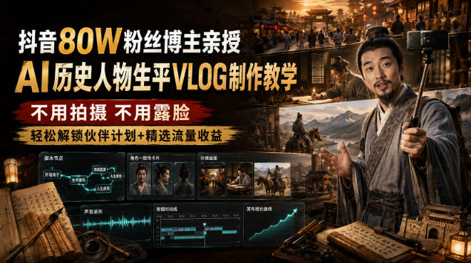抖音80W粉丝博主的AI历史人物生平VLOG教学,不用拍摄不用露脸,AI帮你搞定,轻松解锁伙伴计划+精选收益-赛德副业库