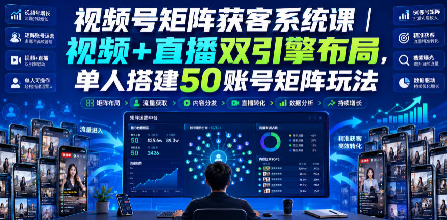 视频号矩阵获客系统课|视频+直播双引擎布局,单人搭建50账号矩阵玩法,流量入池、搜索占位、全域引流沉淀私域全流程教学-赛德副业库
