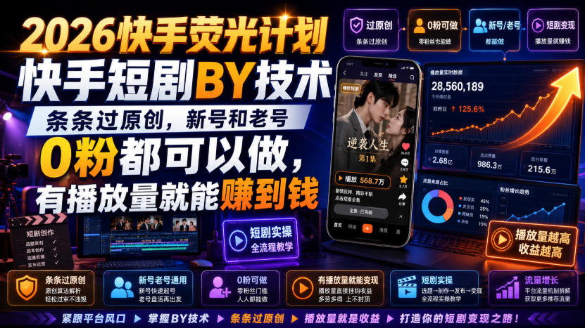 2026快手荧光计划，快手短剧搬运技术，条条过原创，新号和老号0粉都可以做，有播放量就能賺到钱-赛德副业库