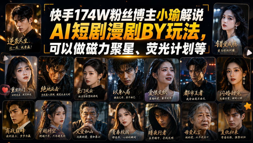 快手174W粉丝博主小瑜解说AI短剧漫剧搬运玩法，可以做磁力聚星、荧光计划等-赛德副业库