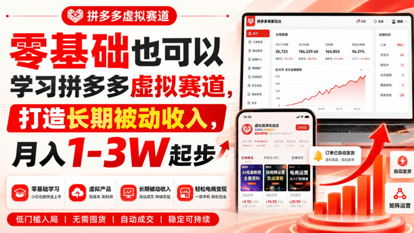 零基础也可以学习拼多多虚拟赛道，打造长期被动收入，月入1-3W起步-赛德副业库