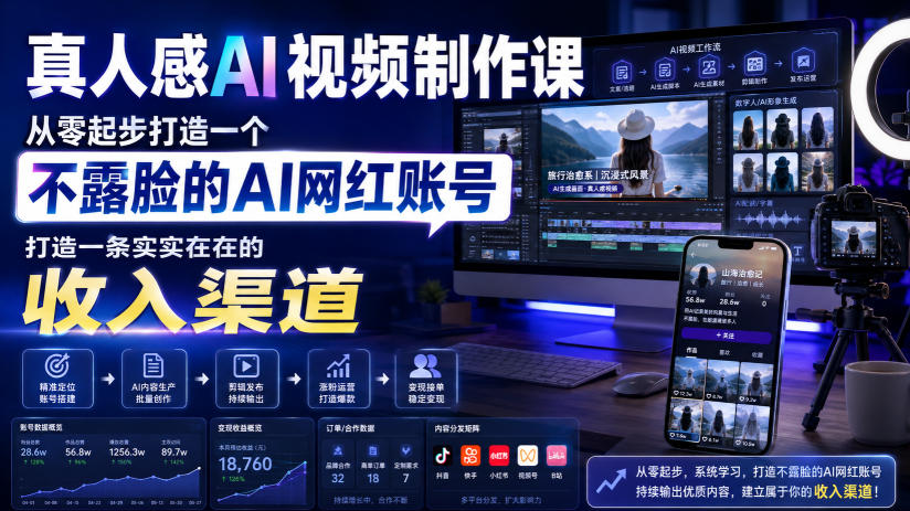 真人感AI视频制作课,从零起步打造一个不露脸的AI网红账号,打造一条实实在在的收入渠道【原创双语字幕】-赛德副业库