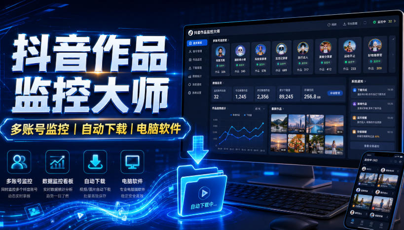 抖音作品监控大师，多账号监控丨自动下载丨电脑软件-赛德副业库