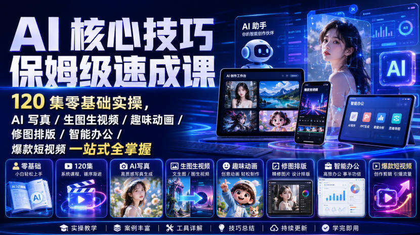 AI核心技巧保姆级速成课|120集零基础实操,AI写真/生图生视频/趣味动画/修图排版/智能办公/爆款短视频一站式全掌握-赛德副业库