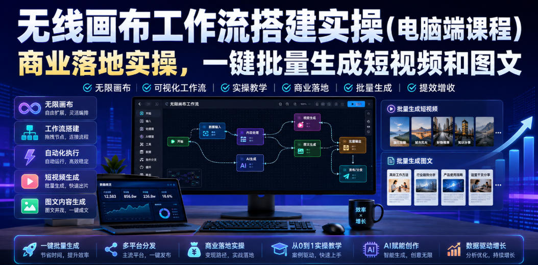 无线画布工作流搭建实操（电脑端课程），商业落地实操，一键批量生成短视频和图文-赛德副业库