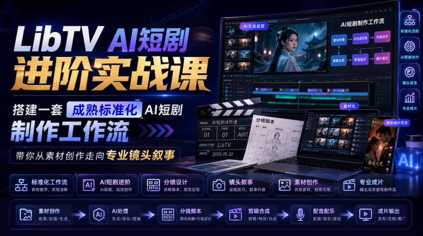 LibTV AI短剧进阶实战课，搭建一套成熟标准化AI短剧制作工作流，带你从素材创作走向专业镜头叙事-赛德副业库