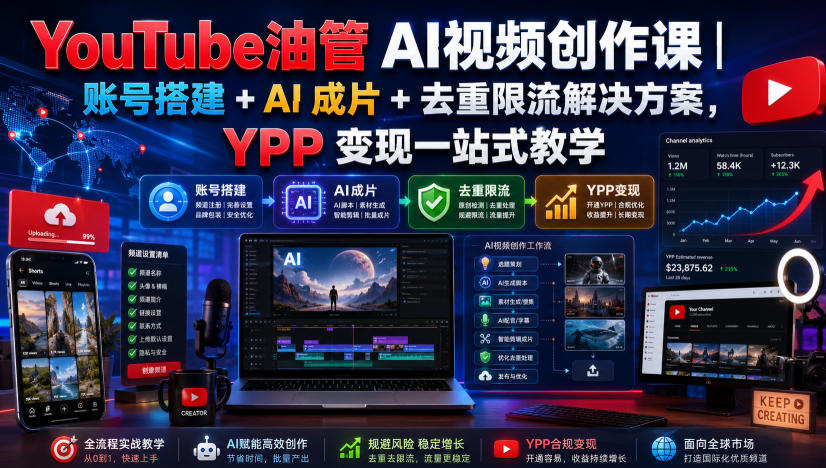 YouTube油管AI视频创作课|账号搭建+AI成片+去重限流解决方案,YPP变现一站式教学-赛德副业库