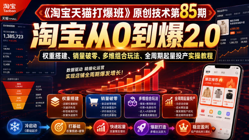 《淘宝天猫打爆班》原创技术第85期，淘宝从0到爆2.0，权重搭建、销量破零、多维组合玩法、全周期起量投产实操教程-赛德副业库