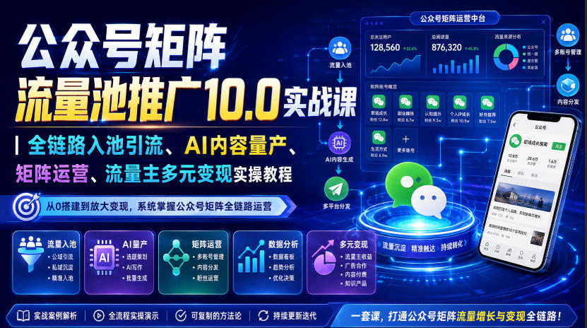 公众号矩阵流量池推广10.0实战课｜全链路入池引流、AI内容量产、矩阵运营、流量主多元变现实操教程-赛德副业库