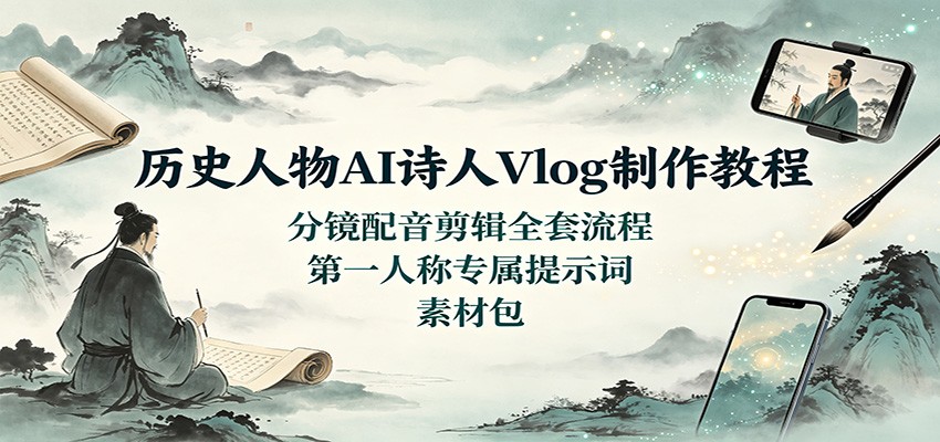 历史人物AI诗人Vlog制作教程：分镜配音剪辑全套流程，第一人称专属提示词素材包-赛德副业库