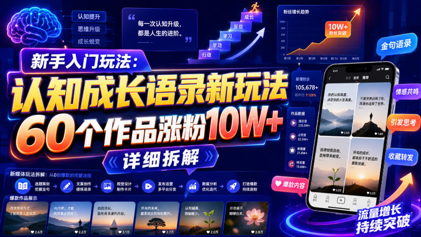 新手入门玩法：认知成长语录新玩法，60个作品涨粉10W+，详细拆解-赛德副业库