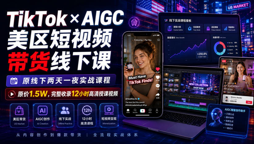 TikTok×AIGC美区短视频带货线下课,原线下两天一夜实战课程,原价1.5W,完整收录12小时高清授课视频-赛德副业库