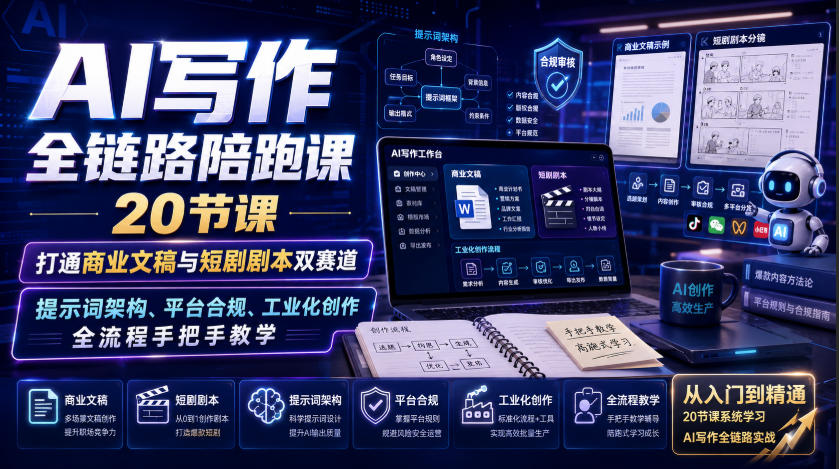 AI写作全链路陪跑课|20节课打通商业文稿与短剧剧本双赛道,提示词架构、平台合规、工业化创作全流程手把手教学-赛德副业库