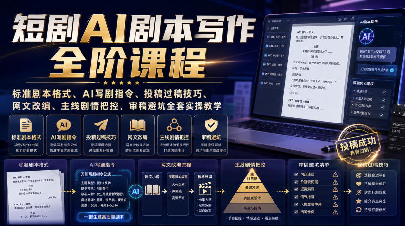 短剧AI剧本写作全阶课程|标准剧本格式、AI写剧指令、投稿过稿技巧、网文改编、主线剧情把控、审稿避坑全套实操教学-赛德副业库