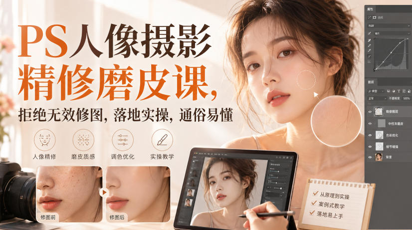 PS人像摄影精修磨皮课，拒绝无效修图，落地实操，通俗易懂-赛德副业库